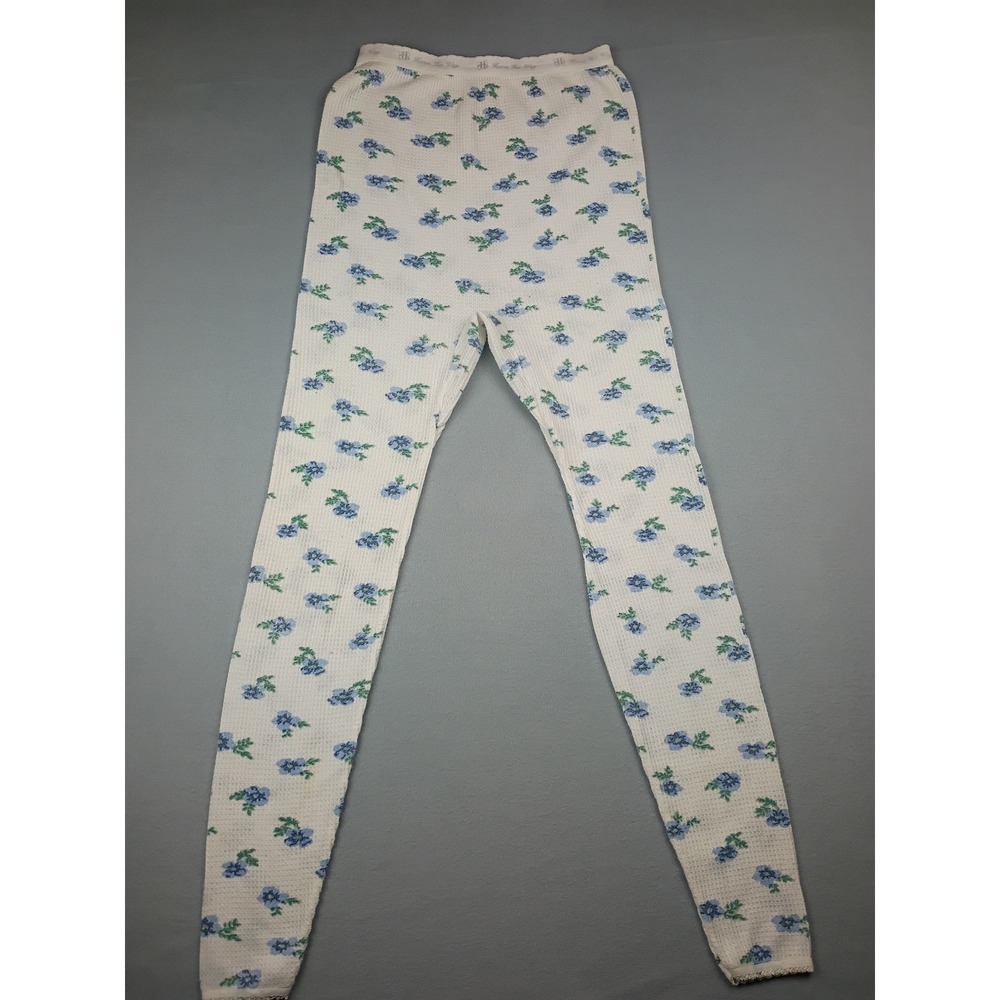 Vintage Hanes Her Way Floral Thermal Pants Waffle Knit Long Johns White Blue M